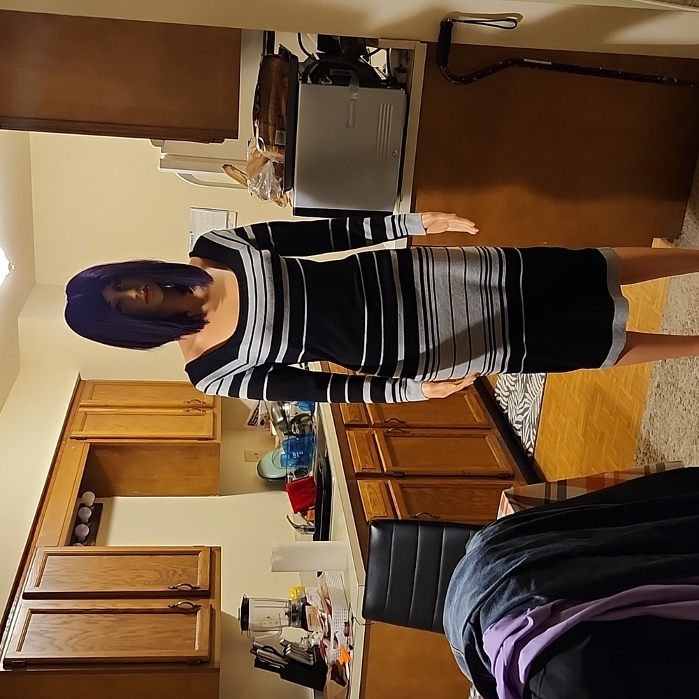 A Black and gray striped midi dress
